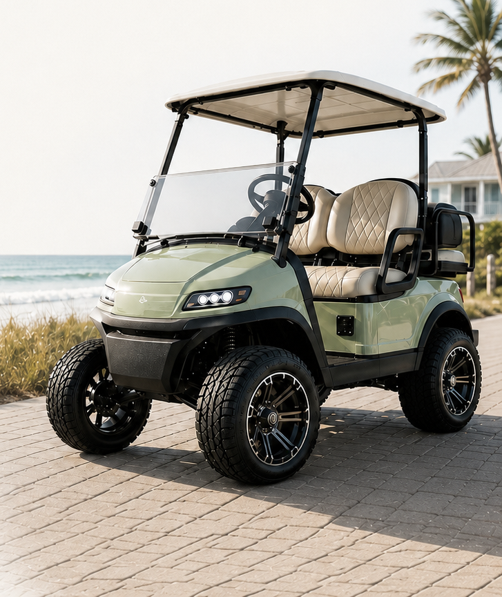 A street-legal Florida golf cart parked by the beach